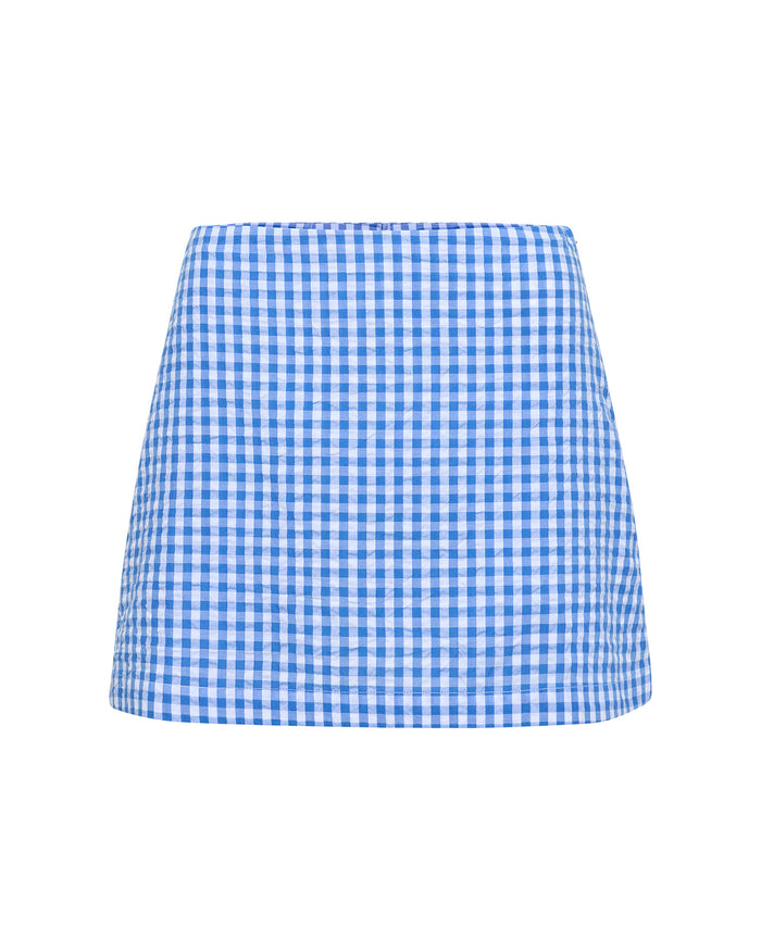 Off-model view of the LSPACE Venice Skort in morning gingham, displayed flat to show the blue and white gingham check pattern and A-line mini silhouette.