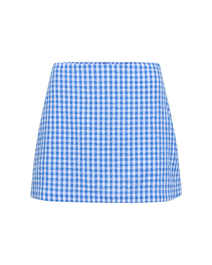 Off-model view of the LSPACE Venice Skort in morning gingham, displayed flat to show the blue and white gingham check pattern and A-line mini silhouette.