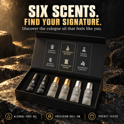 Viking Cologne Oil Sample Kit open box with six roll-on cologne oils: Vanir's Wisdom, Aesir's Triumph, Asgardian Secret, Valhalla's Gates, Viking Storm, Alfheim's Forests, headline Six Scents Find Your Signature, alcohol-free, precision roll-on, pocket-sized