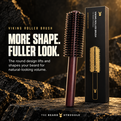 Viking Roller Beard Brush and its black and gold box on dark rock, headline More Shape Fuller Look
