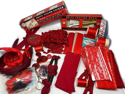 Vintage Sewing Supplies in Shades of Red at Duckwells