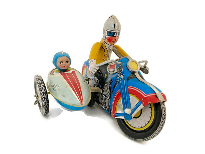 Vintage Tin Toy Motorcycle with Side Car by Schylling at Duckwells