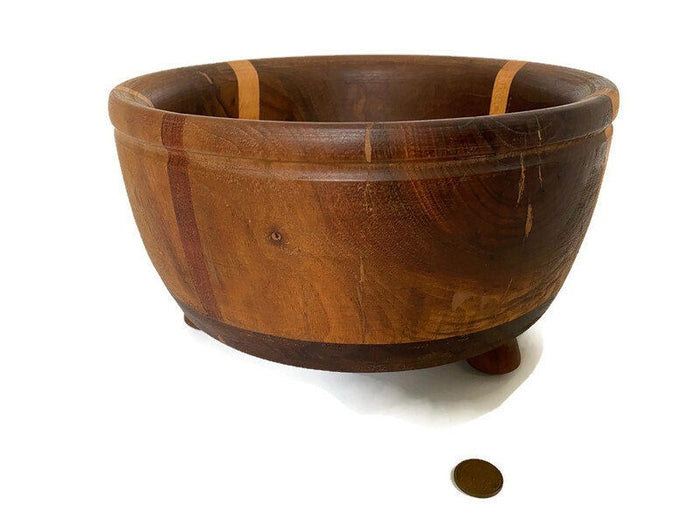 Vintage Turned Walnut and Maple Wood Footed Bowl at Duckwells