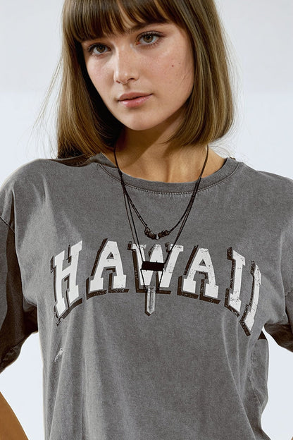 Washed Effect Hawaii T-Shirt In Grey - top