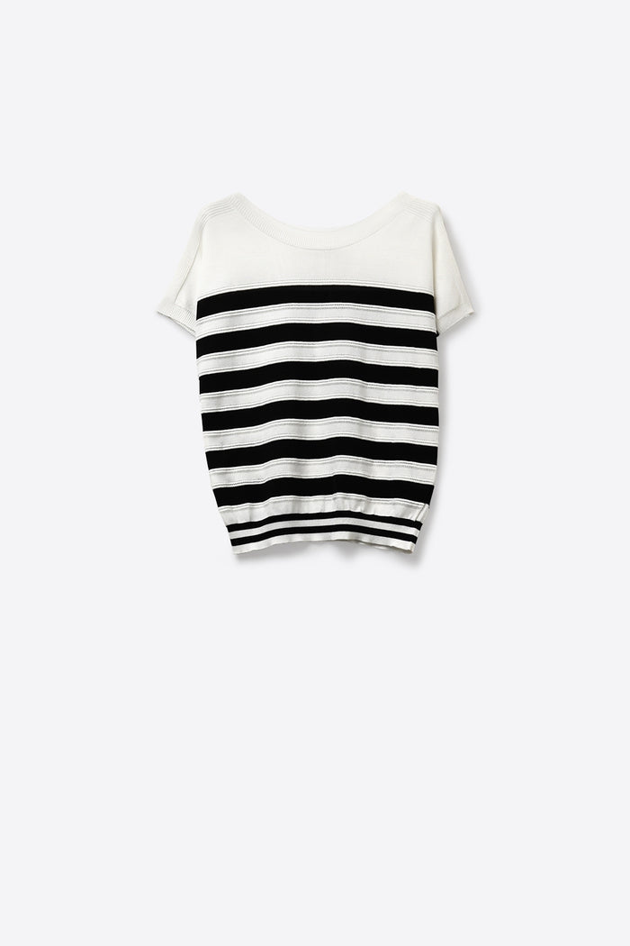 White and Black Striped Knit sweater in boat neckline