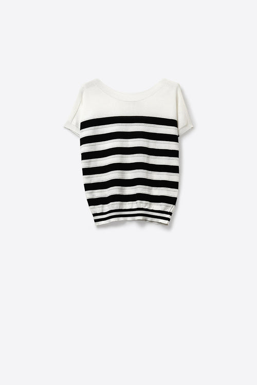 White and Black Striped Knit sweater in boat neckline