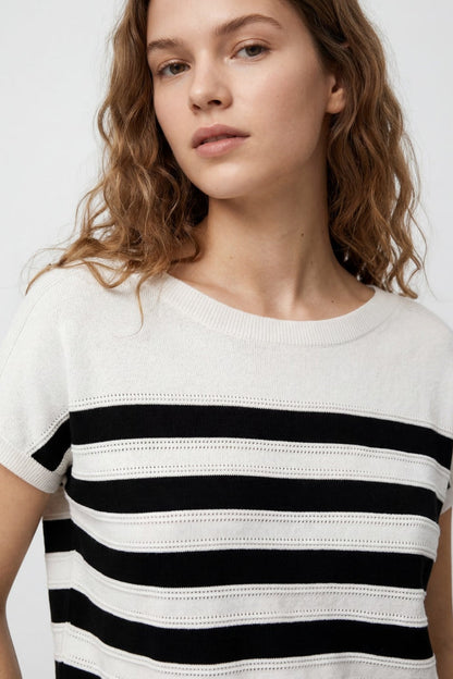 White and Black Striped Knit sweater in boat neckline