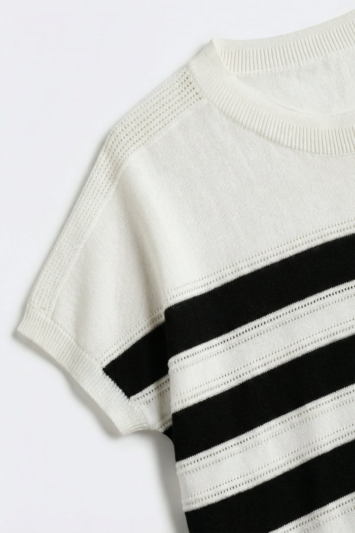 White and Black Striped Knit sweater in boat neckline