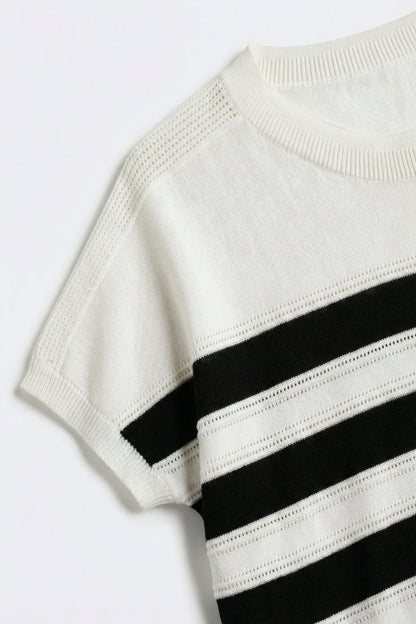 White and Black Striped Knit sweater in boat neckline