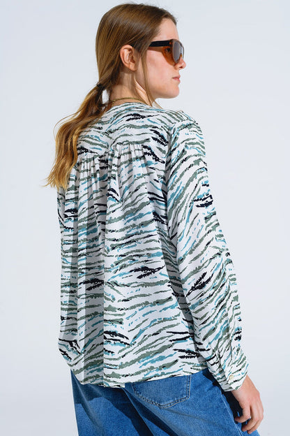 White Blouse With Green Animal Print And Long Sleeves - Shirts