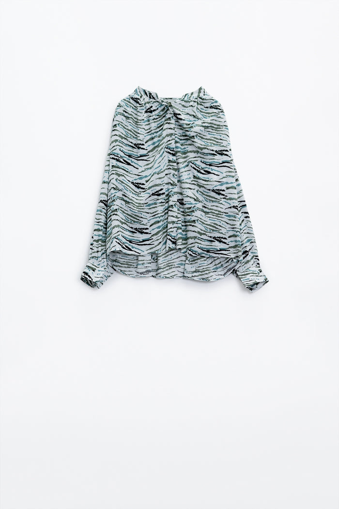 White Blouse With Green Animal Print And Long Sleeves - Shirts
