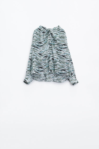 White Blouse With Green Animal Print And Long Sleeves - Shirts