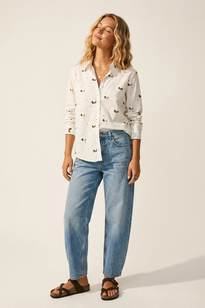 White Button-Up Shirt with Playful Dog Print - Shirts