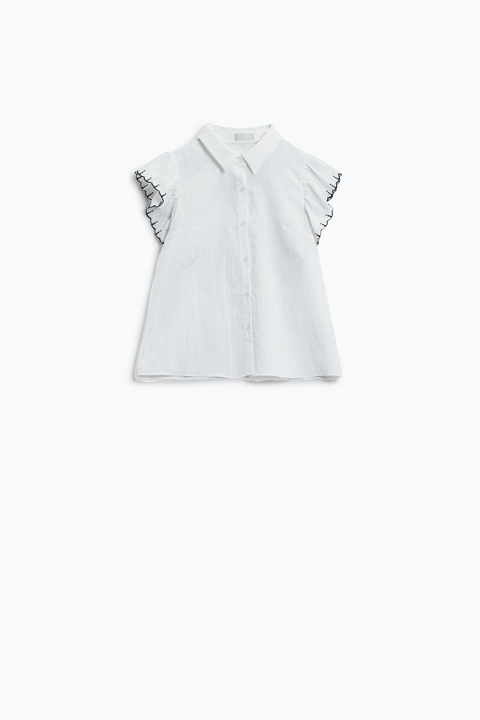 White Button Up Shirt With Polo Collar And Ruffled Sleeves With Black Trim - Shirts