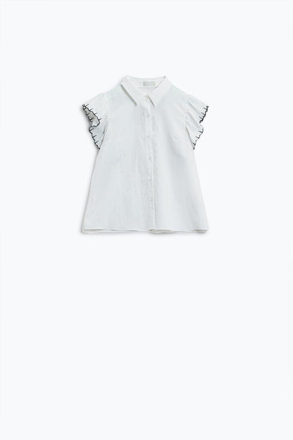 White Button Up Shirt With Polo Collar And Ruffled Sleeves With Black Trim - Shirts
