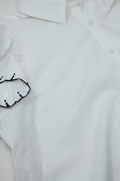 White Button Up Shirt With Polo Collar And Ruffled Sleeves With Black Trim - Shirts