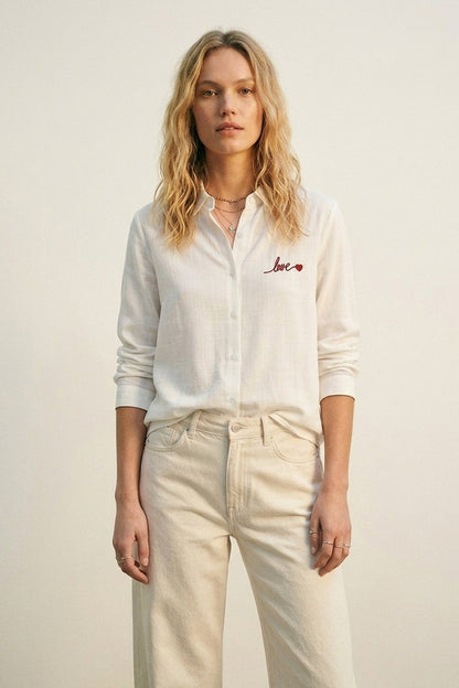 White Button-Up Shirt with Red Love Embroidery - Shirts