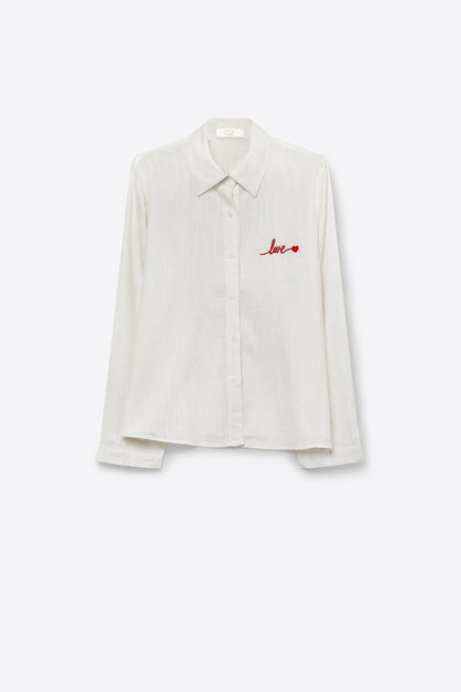 White Button-Up Shirt with Red Love Embroidery - Shirts
