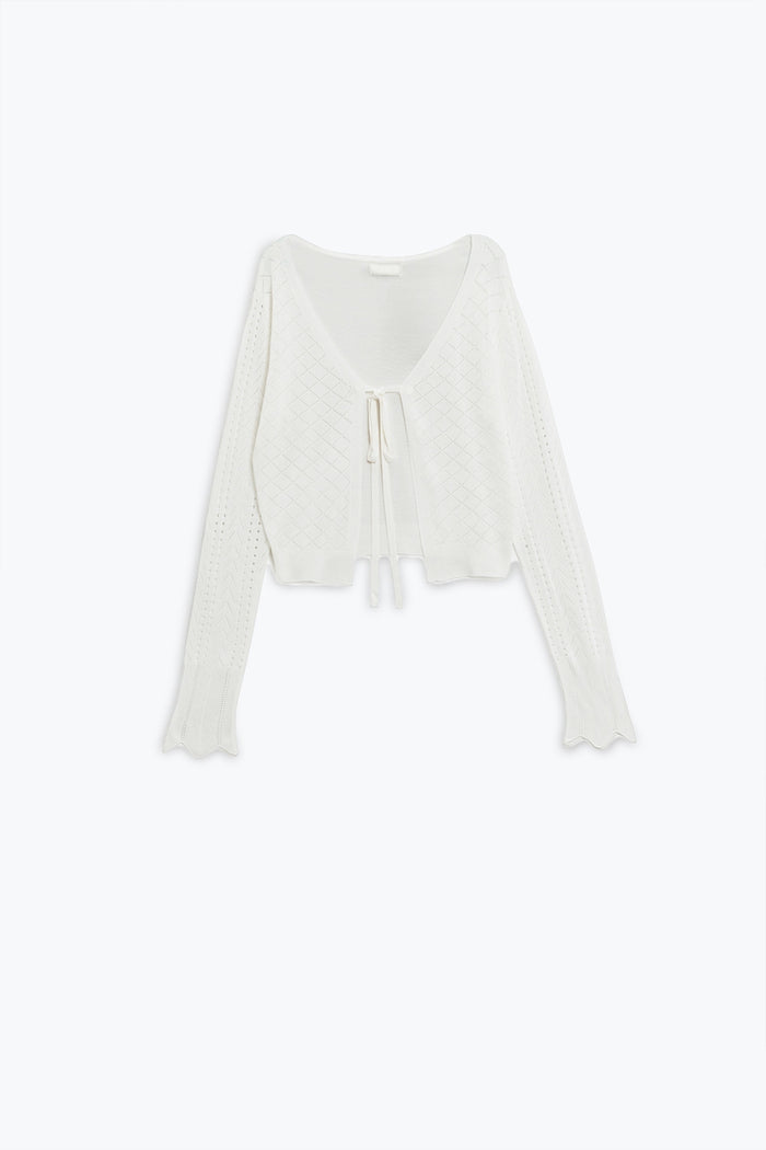 White Cardigan with Argyle Print and Tie Closing