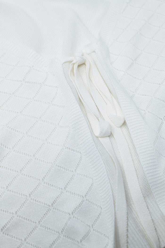 White Cardigan with Argyle Print and Tie Closing