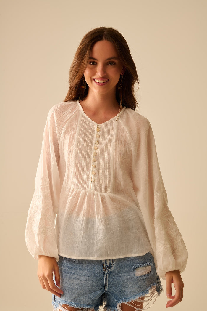 white chiffon blouse with embroidery on the sleeves - Shirts