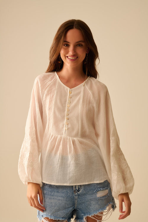 white chiffon blouse with embroidery on the sleeves - Shirts