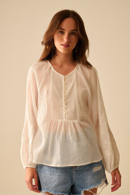 white chiffon blouse with embroidery on the sleeves - Shirts
