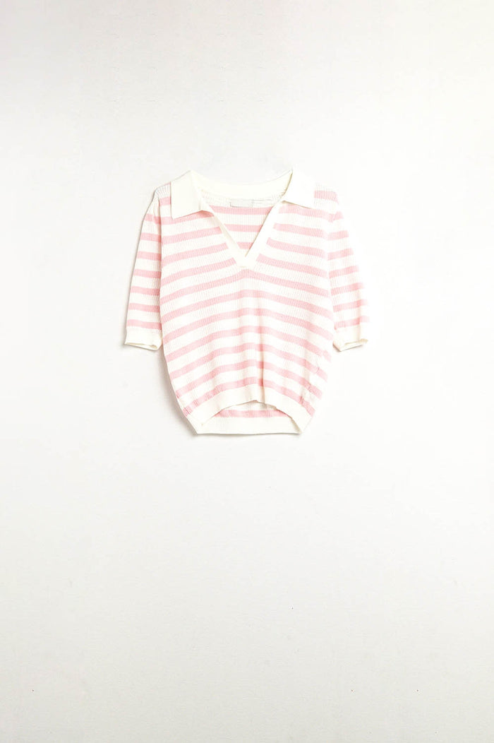 White Crop knitted polo Top with Pink Stripes