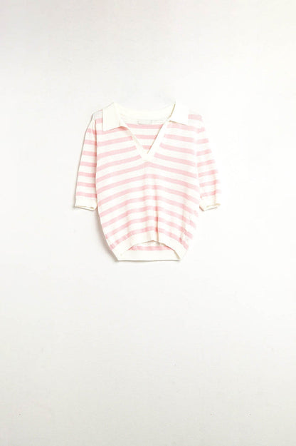 White Crop knitted polo Top with Pink Stripes