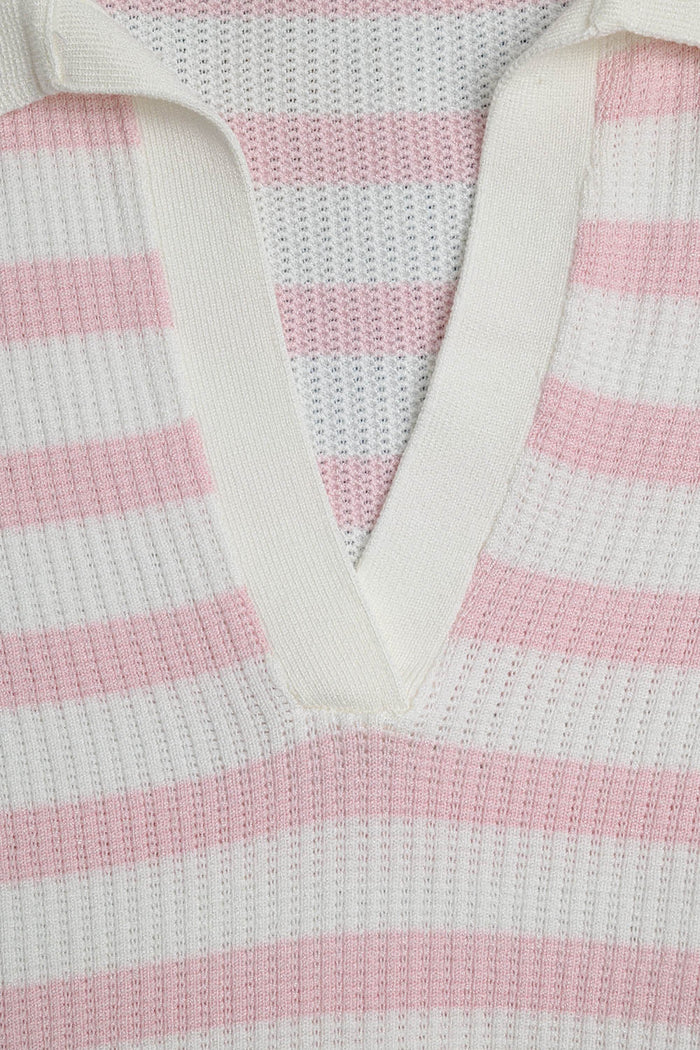 White Crop knitted polo Top with Pink Stripes