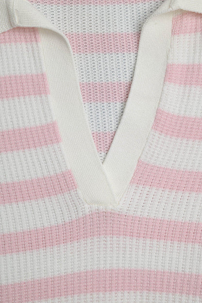 White Crop knitted polo Top with Pink Stripes
