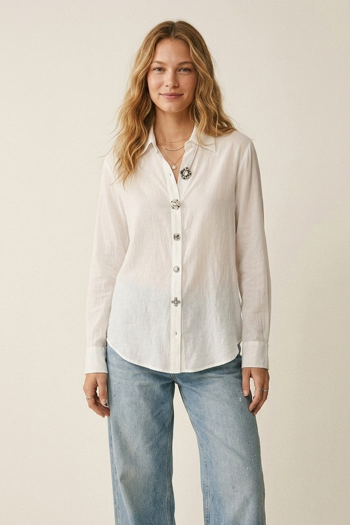 White Embellished Button-Down Blouse in tencel fabric - Shirts