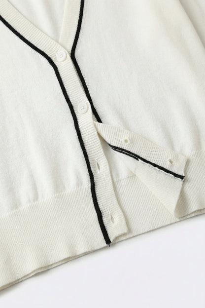 White Fine Knit Cardigan with Contrast Trim in black