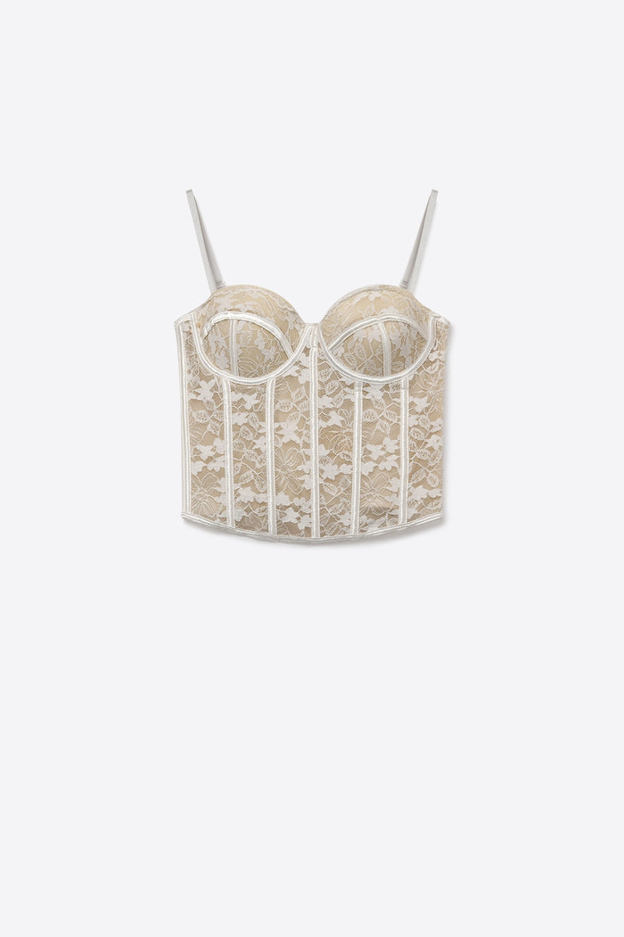 White Floral Lace Sheer Boned Corset Fitted Bustier Bodysuit