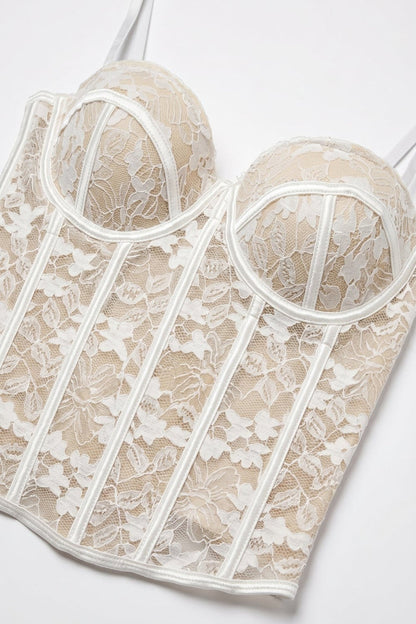 White Floral Lace Sheer Boned Corset Fitted Bustier Bodysuit