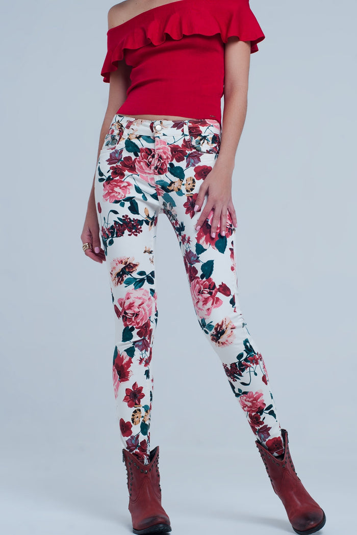 White jeans with roses print - Coloured Jeans