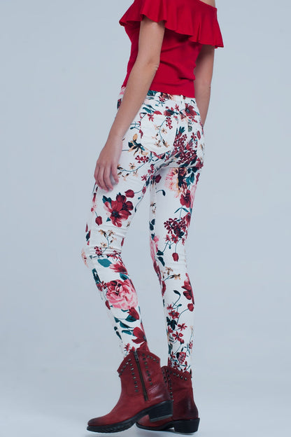 White jeans with roses print - Coloured Jeans