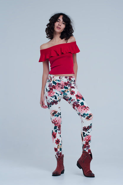 White jeans with roses print - Coloured Jeans
