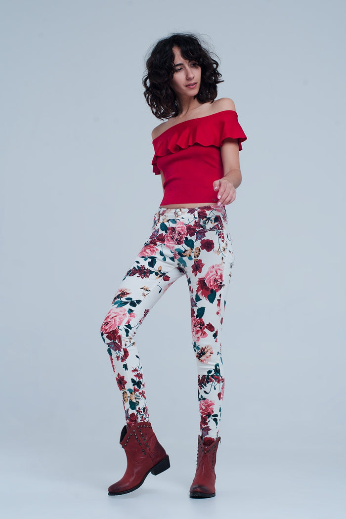 White jeans with roses print - Coloured Jeans