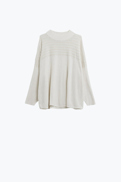 White Knit Sweater with Fluffy Stripe Detail
