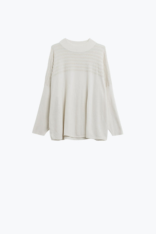 White Knit Sweater with Fluffy Stripe Detail