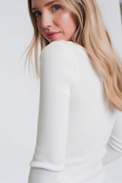 White knitted wide neck sweater