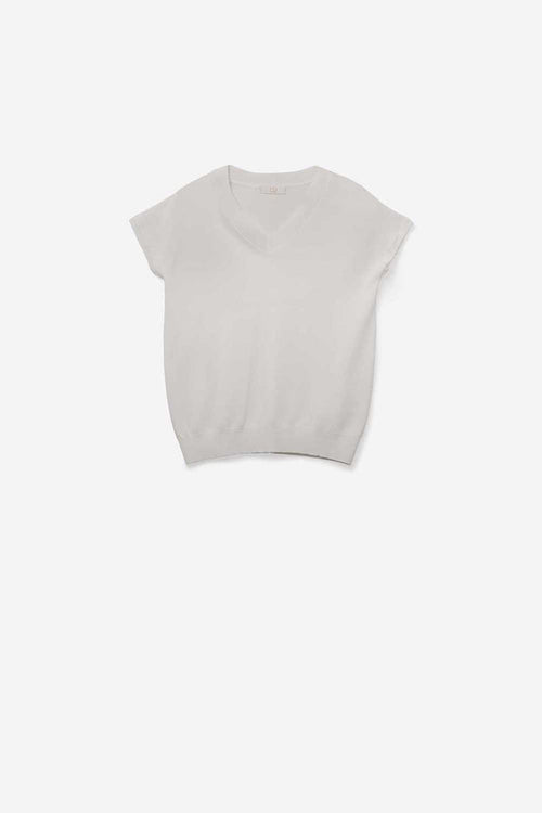 White lightweight knit V-neck sweater with short sleeves