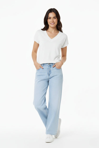 White lightweight knit V-neck sweater with short sleeves