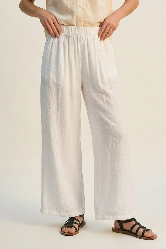 White Lightweight Woven Elastic Waist Wide Leg Pants - trousers