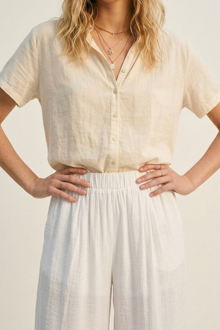 White Lightweight Woven Elastic Waist Wide Leg Pants - trousers