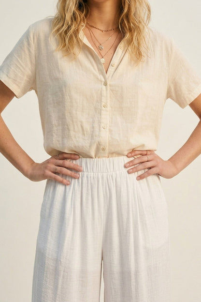 White Lightweight Woven Elastic Waist Wide Leg Pants - trousers