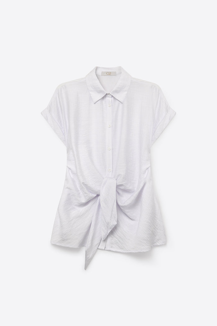 White Lightweight Woven Short Sleeve Shirt Top with Tie Front - Shirts