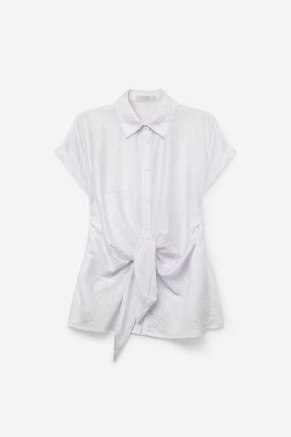 White Lightweight Woven Short Sleeve Shirt Top with Tie Front - Shirts