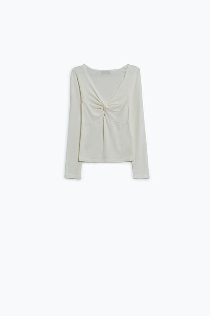 White Long Sleeve Shirt With Knot Detail and V-neck